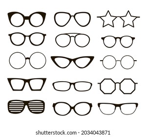 Set of black eyeglasses of different shapes. Cartoon vector illustration. Old, cool, medical, hipster glasses frames isolated on white background. Style, view, image concept for banner design