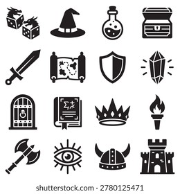 Set of black fantasy rpg game icons featuring weapons magic items armor and medieval objects for tabletop games and digital design Vector