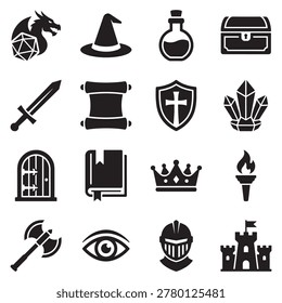 Set of black fantasy rpg game icons featuring weapons magic items armor and medieval objects for tabletop games and digital design Vector