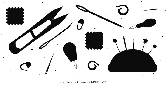 Set of black fashion icons: scissors, different pins, various needles, neddle bad, tissue, markers for yarn, needle threader. Vector flat illustration. Isolated on white background with black dots.