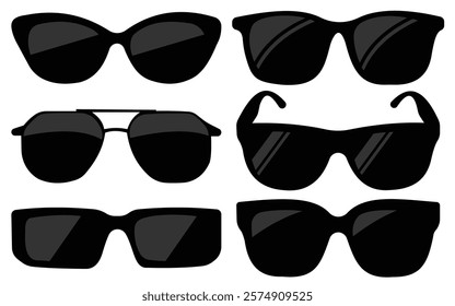 Set of black fashionable sunglasses icon. Mens retro eyewear sunglass silhouette. Sun lens, Polarized geek glasses. Dark Glasses vector Icons Collection.