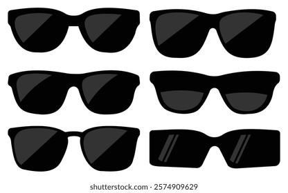 Set of black fashionable sunglasses icon. Mens retro eyewear sunglass silhouette. Sun lens, Polarized geek glasses. Dark Glasses vector Icons Collection.