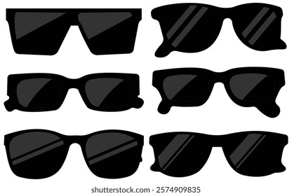 Set of black fashionable sunglasses icon. Men's retro eyewear sunglass silhouette. Sun lens, Polarized geek glasses. Dark Glasses vector Icons Collection.