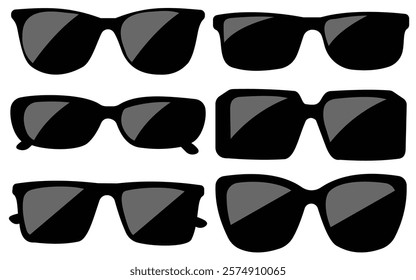 Set of black fashionable sunglasses icon. Mens retro eyewear sunglass silhouette. Sun lens, Polarized geek glasses. Dark Glasses vector Icons Collection.