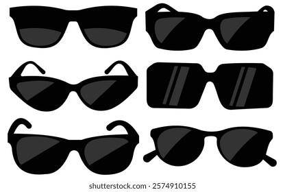 Set of black fashionable sunglasses icon. Mens retro eyewear sunglass silhouette. Sun lens, Polarized geek glasses. Dark Glasses vector Icons Collection.