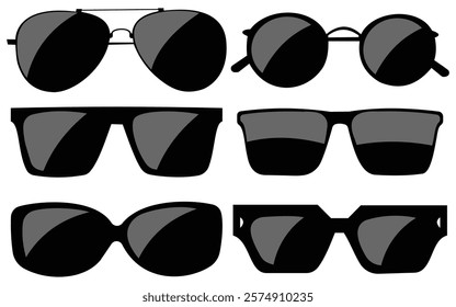 Set of black fashionable sunglasses icon. Mens retro eyewear sunglass silhouette. Sun lens, Polarized geek glasses. Dark Glasses vector Icons Collection.