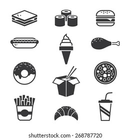 Set of black fast food icons isolated on white background