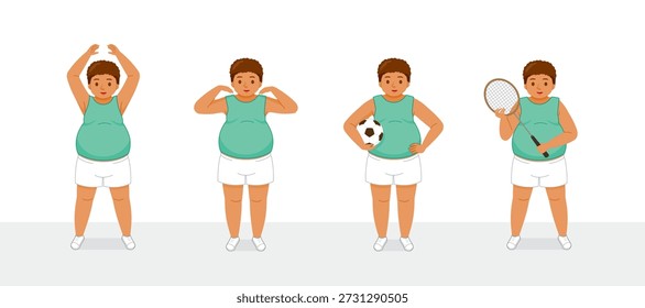 Set Of Black Fat Man Exercising With Different Actions