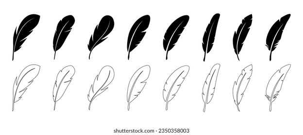 Set of black feather in a flat style. Set of bird feather. Pen vector icons. Black quill feather silhouette. Plumelet collection isolated on white background. Feather silhouettes