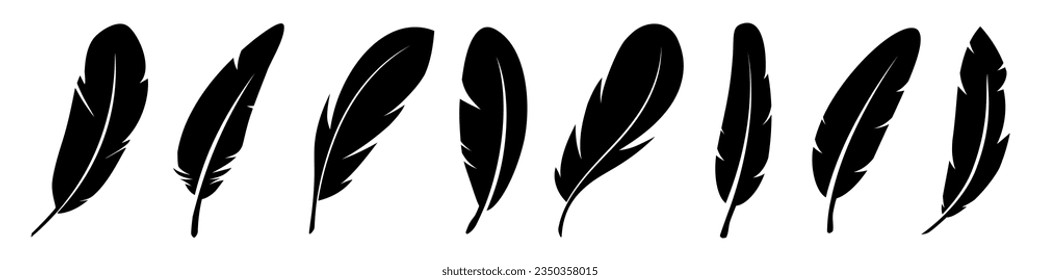 Set of black feather in a flat style. Set of bird feather. Pen vector icons. Black quill feather silhouette. Plumelet collection isolated on white background. Feather silhouettes