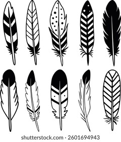Set of Black Feather Illustrations Featuring Various Shapes And Sizes