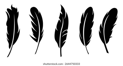 Set of Black Feather Silhouettes, Elegant Vector Feather Collection.