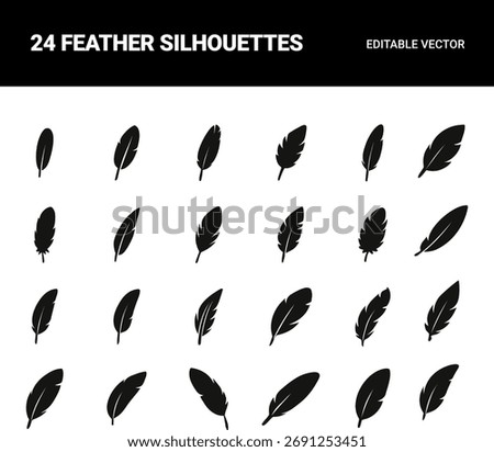 Set of Black Feather Silhouettes. Lightweight, Plume, and Quill Icons.