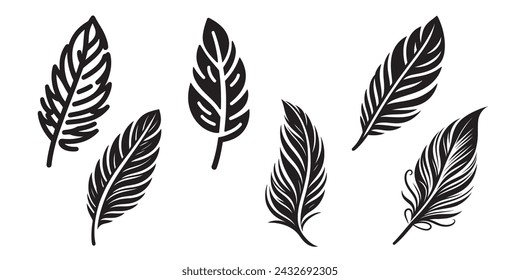 set of black feathers on a white background. feather icon vector illustration