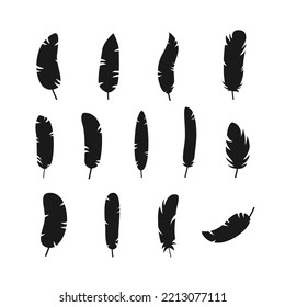 Set black feathers silhouettes on transparent background. Decorative illustration for sandblasting, laser and plotter cutting.