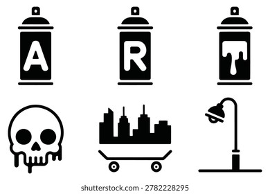 Set of black featuring spray paint cans, skull, city skyline, skateboard, and street lamp