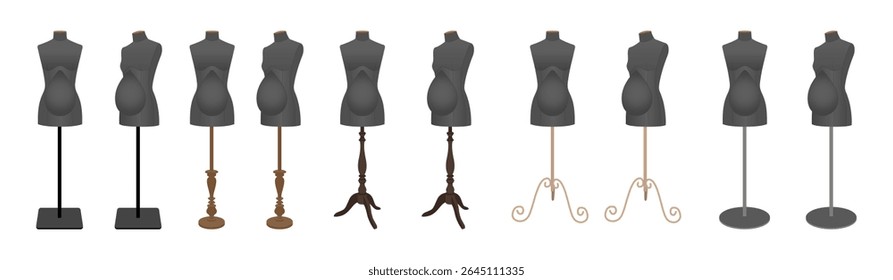 Conjunto de manequins femininos preto costureira com diferentes vintage e moderno metal ou bancas de madeira. Ilustração vetorial isolada sobre fundo branco.
