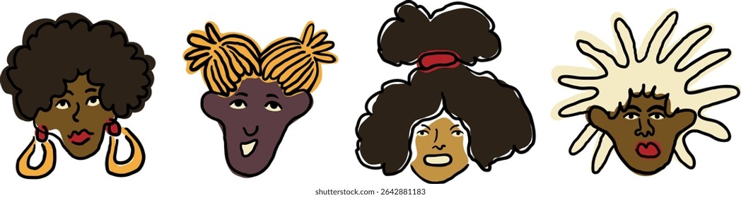set of black female portraits in doodle style in vector. Element for poster sticker design avatar decoration prints postcards