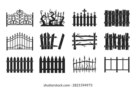 Set of black fence and gate silhouette icons for cemetery and garden design with vector elements