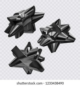 Set of Black, festive bows in different angles on transparent background, vector illustration