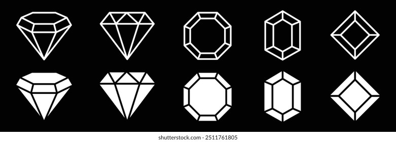 Set of Black field and outlined Diamond icon collection. Different Diamond symbol vector Illustration.