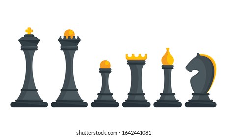 Set of black figures for chess. King, queen and rook, bishops, knights and pawn. Strategy logic board game. Tournament between two rivals. Flat cartoon objects isolated on white background.