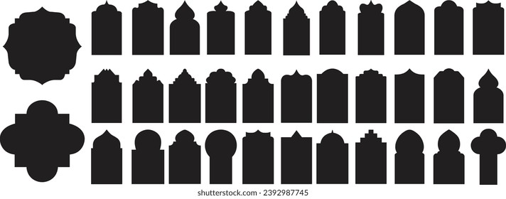 Set of Black Fill Shapes Islamic doors and windows silhouette Arabic arch. Pattern in oriental style. Frame in Arabic Muslim designs for Ramadan. Mosque gate shapes isolated on Transparent background.