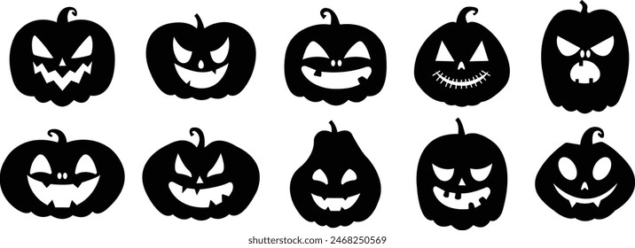 Set of Black fill Smiling cartoon lantern faces. Cute Halloween Pumpkin icons. Halloween pumpkin day symbols. Halloween holiday characters in the shapes of pumpkin isolated on transparent background.