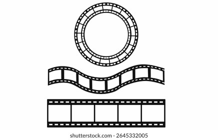 Conjunto de ícones de tira de filme preto. moldura redonda do rolo, fita ondulada e tira de filme reta. Ideal para cinema, edição de vídeo, mídia retrô ou projetos e ícones relacionados ao cinema.