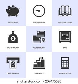 Set of black finance and money icons. Vector money stuff in flat simple style. 