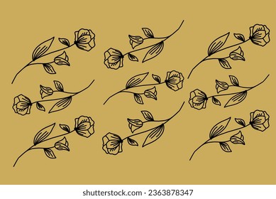 Set of black fine art floral branch, leaf, plants. Botanic delicate foliage outline pencil sketch leaves isolated on white background. 