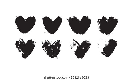 Set of black fingerprints in the form of hearts, collection for decoration and design, black hearts of different designs, Valentine holiday black fingermark patterns, wedding card thumbprints