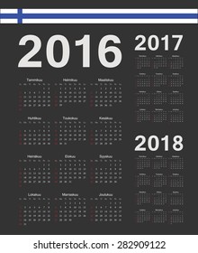 Set of black Finnish 2016, 2017, 2018 year vector calendars. Week starts from Sunday.