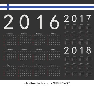 Set of black Finnish 2016, 2017, 2018 year vector calendars. Week starts from Sunday.