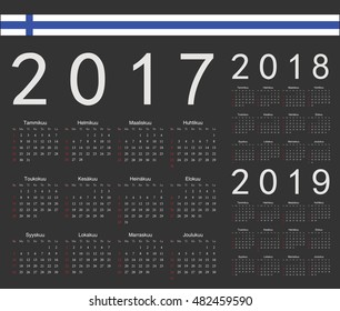 Set of black Finnish 2017, 2018, 2019 year vector calendars. Week starts from Sunday.