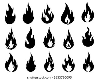 Set of black fire flame silhouette icons in different shapes. Simple flat vector design for symbols, warnings, logos, and graphic elements.