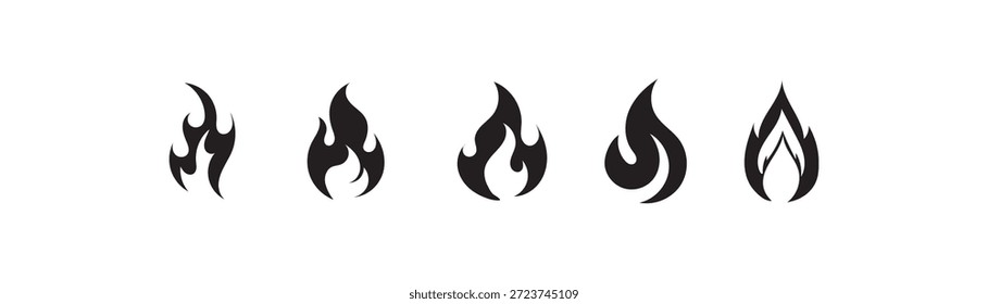 Satz schwarzer Flammenvektorsymbole. Brennende Flammen, heller Feuerball, Hitze-Lauffeuer und Lagerfeuer, schwarze feurige Flammen einzelne Vektorgrafik-Set. EPS10 