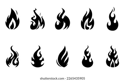 Set of black fire flames isolated on white. Vector illustration.