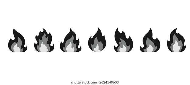Set of black fire icons vector. Fire icons in flat style. Fire symbols. Vector illustration of fire, wildfire and campfire on transparent background.