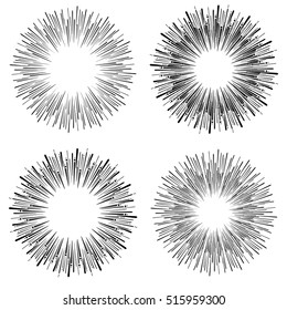 set of black firework, circles decorative ornaments, snowflakes. vector illustration