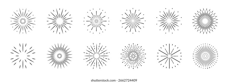 Conjunto de iconos de fuegos artificiales negros. Petardo con estrellas y chispas aisladas sobre fondo blanco. Simple Ronda de sol, marco radial. Estilo plano. Diseño del Vector para el año Nuevo, decoración del cumpleaños