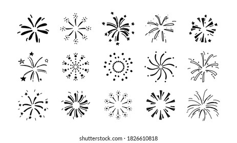 Set of black fireworks icons doodle drawing. Collection of scribble firecracker burst star. Sketch icons.Elements for decor celebration, New year, anniversary, festival, birthday. Vector illustration.