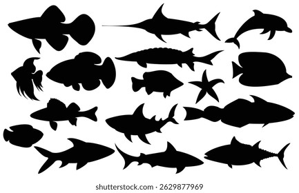 Set of black fish silhouettes in various shapes and styles on white background