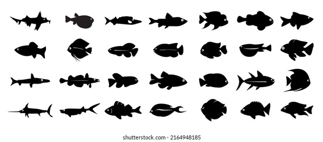 Set Black Fish. Vector EPS outline Illustration.