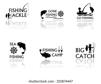 set of black fishing symbols with mirror reflection silhouette