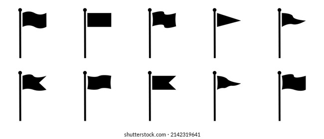Set with black flag icon on white background. Black different flag. Location icon.