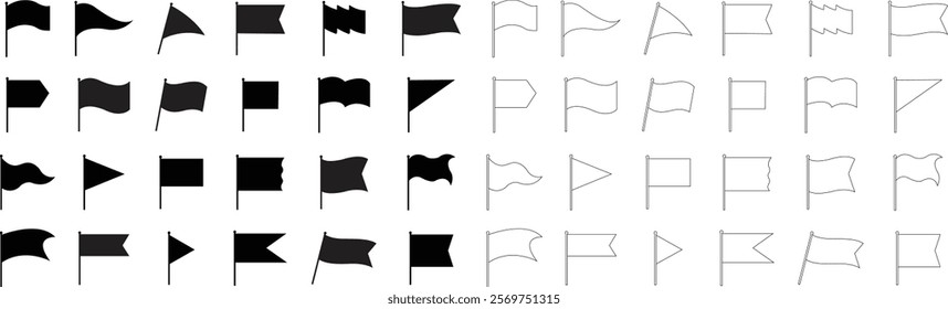 Set of black flag icons. Waving flag icon. Different flag isolated on transparent background. Vector illustration.