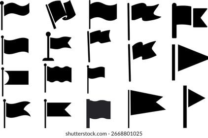 Set of Black Flag Silhouettes on White Background | Collection of Various Shapes and Styles for Symbol, Decoration or UI Design Elements