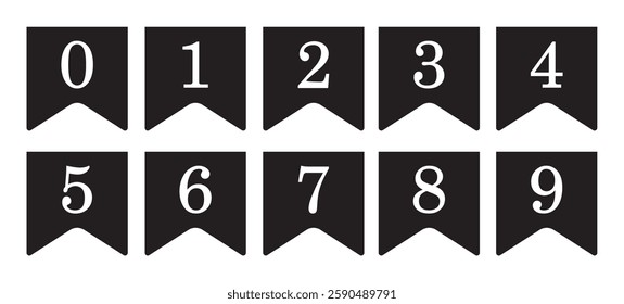 A set of black flags with the inscription of numbers in a simple style. Numbers from 0 to 9. EPS 10. Vector illustration