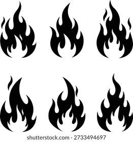 Set of black flame icons in different shapes and sizes on white background